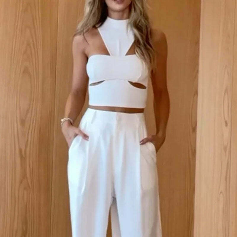 Y2K Aesthetic Coquette Halter Top & Wide Leg Pant Set for Women - Grunge Style Outfit