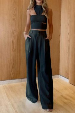 Y2K Aesthetic Coquette Halter Top & Wide Leg Pant Set for Women - Grunge Style Outfit