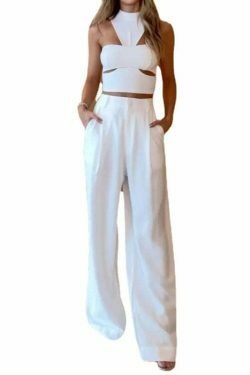 Y2K Aesthetic Coquette Halter Top & Wide Leg Pant Set for Women - Grunge Style Outfit