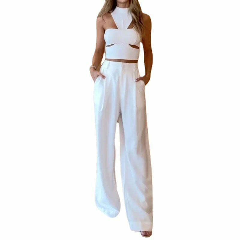Y2K Aesthetic Coquette Halter Top & Wide Leg Pant Set for Women - Grunge Style Outfit