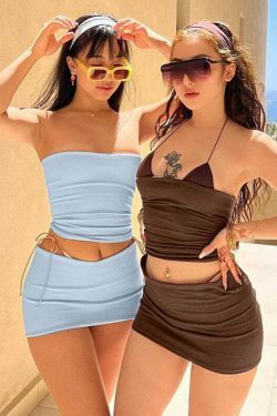 Y2K Aesthetic Coquette Strapless Bodycon Set with Cargo Skirt