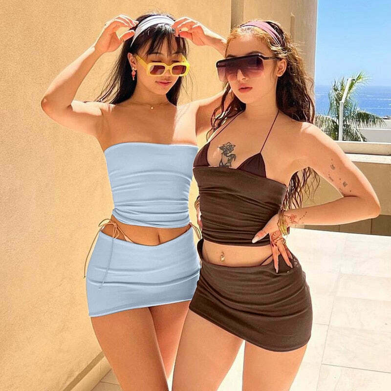Y2K Aesthetic Coquette Strapless Bodycon Set with Cargo Skirt Y2K Aesthetic Coquette Strapless Bodycon Set with Cargo Skirt