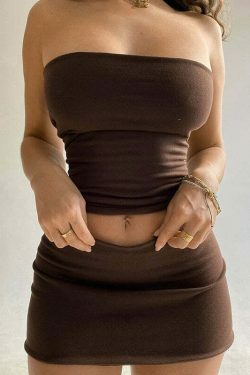 Y2K Aesthetic Coquette Strapless Bodycon Set with Cargo Skirt