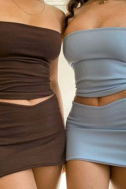 Y2K Aesthetic Coquette Strapless Bodycon Set with Cargo Skirt