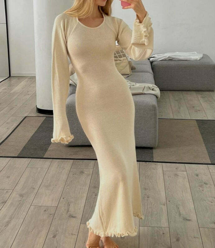 Y2K Aesthetic Coquette Style Backless Knitted Long Dress for Women - Grunge Fashion Statement Piece