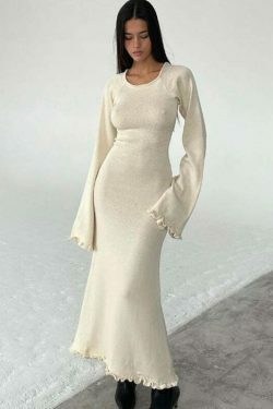 Y2K Aesthetic Coquette Style Backless Knitted Long Dress for Women - Grunge Fashion Statement Piece