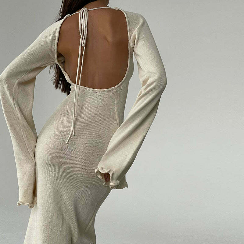 Y2K Aesthetic Coquette Style Backless Knitted Long Dress for Women - Grunge Fashion Statement Piece