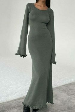 Y2K Aesthetic Coquette Style Backless Knitted Long Dress for Women - Grunge Fashion Statement Piece