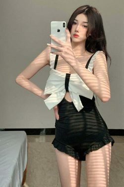 Y2K Aesthetic Coquette Style Cargo Skirt & Bow Shorts Swimwear Set