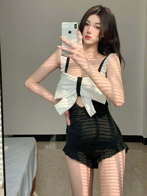 Y2K Aesthetic Coquette Style Cargo Skirt & Bow Shorts Swimwear Set