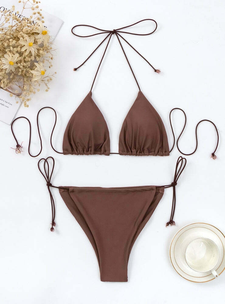 Y2K Aesthetic Coquette Style Cargo Skirt - Three-Point Solid Color String Strap Bikini Y2K Aesthetic Coquette Style Cargo Skirt - Three-Point Solid Color String Strap Bikini