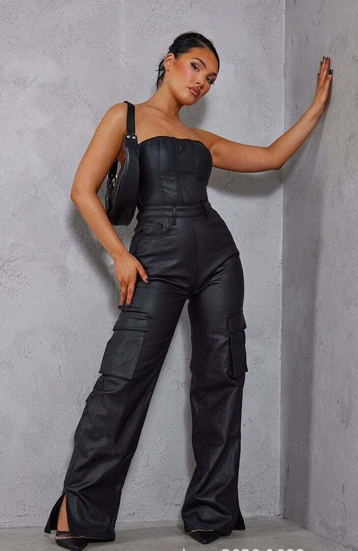 Y2K Aesthetic Coquette Style Cargo Skirt Jumpsuit with PU Leather Pocket Y2K Aesthetic Coquette Style Cargo Skirt Jumpsuit with PU Leather Pocket