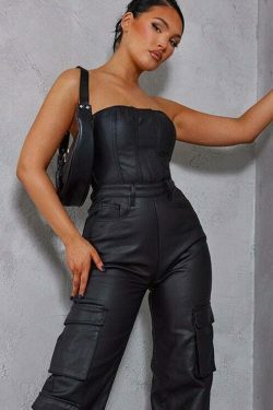 Y2K Aesthetic Coquette Style Cargo Skirt Jumpsuit with PU Leather Pocket