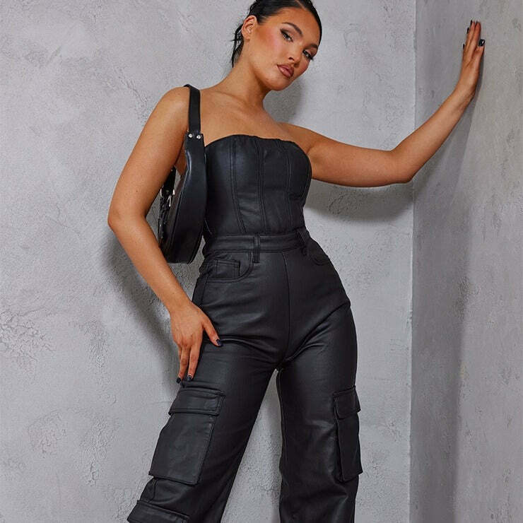 Y2K Aesthetic Coquette Style Cargo Skirt Jumpsuit with PU Leather Pocket Y2K Aesthetic Coquette Style Cargo Skirt Jumpsuit with PU Leather Pocket
