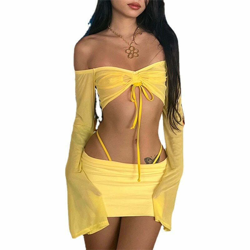 Y2K Aesthetic Coquette Style Cargo Skirt Suit for Women - Slim Fit One-Line Collar Y2K Aesthetic Coquette Style Cargo Skirt Suit for Women - Slim Fit One-Line Collar