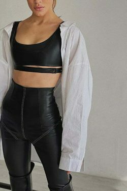 Y2K Aesthetic Coquette Style Cargo Skirt with PU Leather Stretch Tight Pants