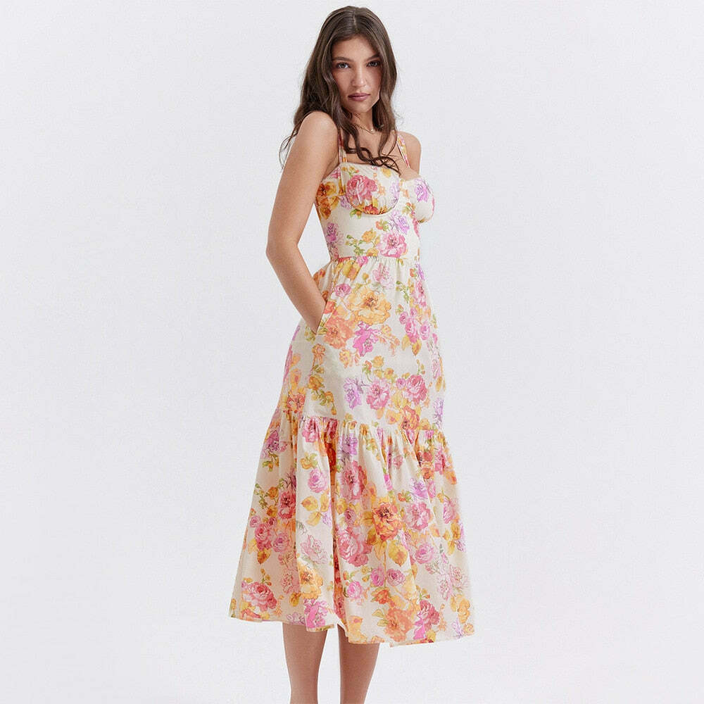 Y2K Aesthetic Coquette Style Floral Midi Dress for Women - Vintage Inspired Fashion Y2K Aesthetic Coquette Style Floral Midi Dress for Women - Vintage Inspired Fashion