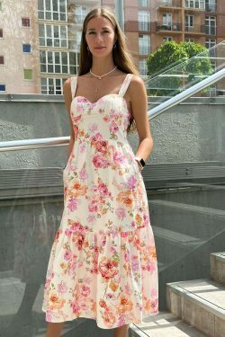 Y2K Aesthetic Coquette Style Floral Midi Dress for Women - Vintage Inspired Fashion