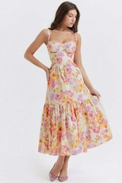 Y2K Aesthetic Coquette Style Floral Midi Dress for Women - Vintage Inspired Fashion