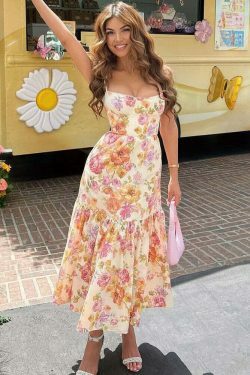 Y2K Aesthetic Coquette Style Floral Midi Dress for Women - Vintage Inspired Fashion