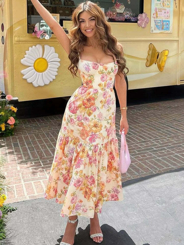 Y2K Aesthetic Coquette Style Floral Midi Dress for Women - Vintage Inspired Fashion Y2K Aesthetic Coquette Style Floral Midi Dress for Women - Vintage Inspired Fashion