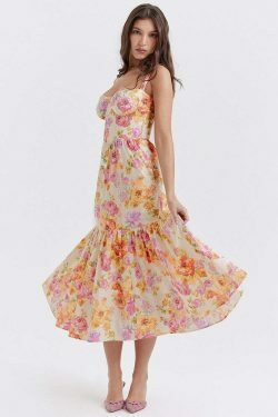 Y2K Aesthetic Coquette Style Floral Midi Dress for Women - Vintage Inspired Fashion