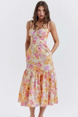 Y2K Aesthetic Coquette Style Floral Midi Dress for Women - Vintage Inspired Fashion