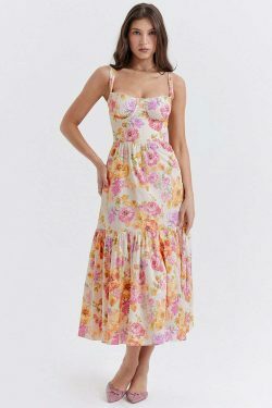 Y2K Aesthetic Coquette Style Floral Midi Dress for Women - Vintage Inspired Fashion