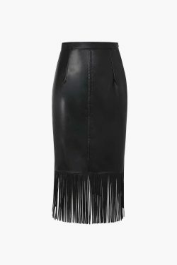 Y2K Aesthetic Coquette Style: Fringe Hem Faux Leather Midi Skirt