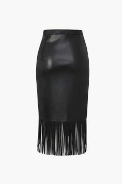 Y2K Aesthetic Coquette Style: Fringe Hem Faux Leather Midi Skirt