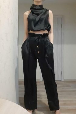 Y2K Aesthetic Coquette Style: Grunge Crop Top & Wide Leg Pants Suit
