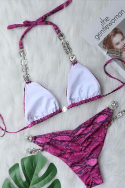 Y2K Aesthetic Coquette Style Grunge Outfit with Sexy Snake Print Crystal Diamond Split Swimsuit