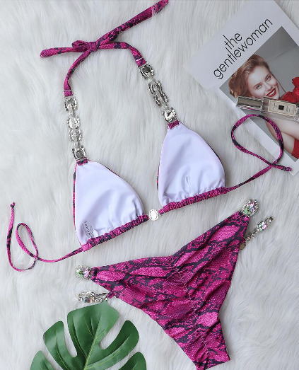 Y2K Aesthetic Coquette Style Grunge Outfit with Sexy Snake Print Crystal Diamond Split Swimsuit