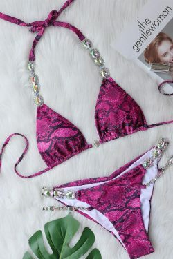 Y2K Aesthetic Coquette Style Grunge Outfit with Sexy Snake Print Crystal Diamond Split Swimsuit