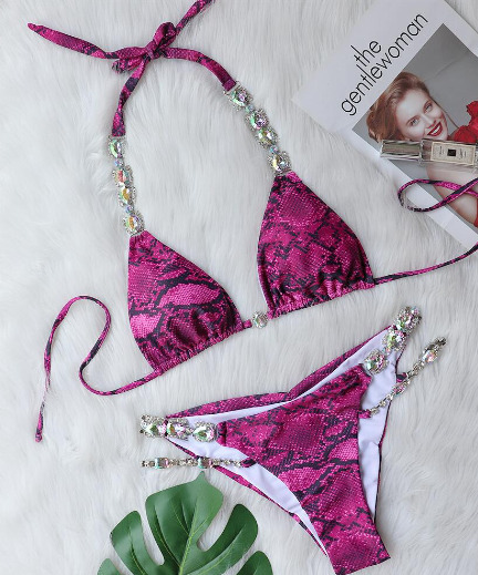 Y2K Aesthetic Coquette Style Grunge Outfit with Sexy Snake Print Crystal Diamond Split Swimsuit