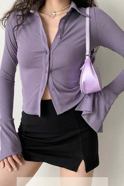 Y2K Aesthetic Coquette Style Grunge Shirt with Turn-Down Collar