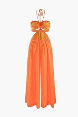 Y2K Aesthetic Coquette Style Halter Backless Wide Leg Jumpsuit