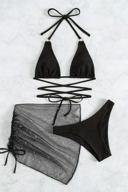 Y2K Aesthetic Coquette Style Halter Bikini Set in Pastel Goth Cargo Skirt Theme