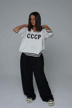 Y2K Aesthetic Coquette Style Hollow Knit Sweater with CCCP Letter Embroidery