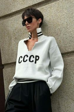 Y2K Aesthetic Coquette Style Hollow Knit Sweater with CCCP Letter Embroidery