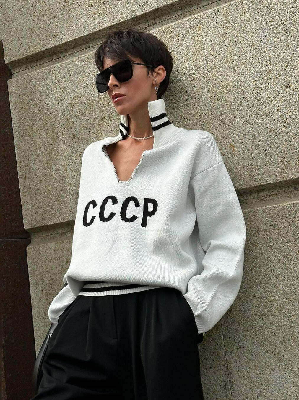 Y2K Aesthetic Coquette Style Hollow Knit Sweater with CCCP Letter Embroidery