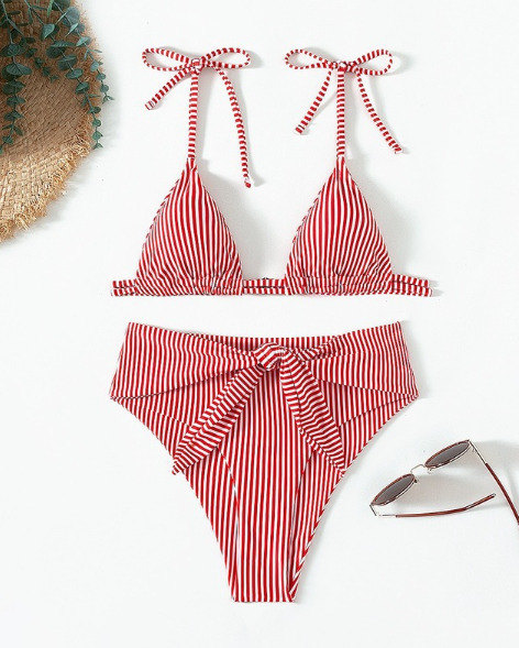 Y2K Aesthetic Coquette Style Multicolor Striped Lace High Waist Split Bikini