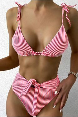 Y2K Aesthetic Coquette Style Multicolor Striped Lace High Waist Split Bikini