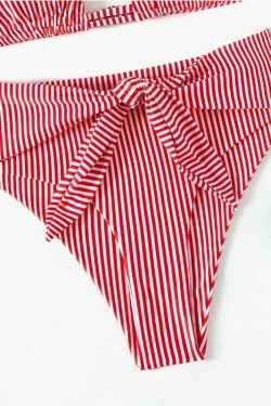 Y2K Aesthetic Coquette Style Multicolor Striped Lace High Waist Split Bikini