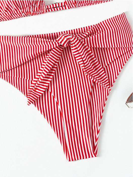 Y2K Aesthetic Coquette Style Multicolor Striped Lace High Waist Split Bikini