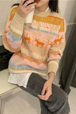 Y2K Aesthetic Coquette Style Retro Nature O Neck Sweater