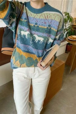 Y2K Aesthetic Coquette Style Retro Nature O Neck Sweater