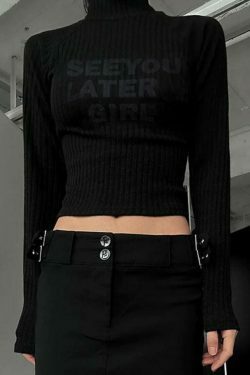 Y2K Aesthetic Coquette Style Rib Turtleneck Knit Top for Women - Grunge & Pastel Goth Fashion