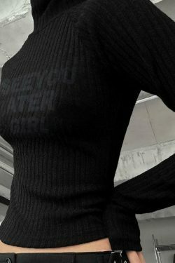 Y2K Aesthetic Coquette Style Rib Turtleneck Knit Top for Women - Grunge & Pastel Goth Fashion