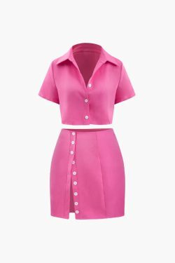 Y2K Aesthetic Coquette Style: Short Sleeve Shirt & Buttoned Mini Skirt Set